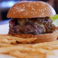 Bask Burger · Beef and lamb patty, manchego cheese, craramelized onions, crispy fries