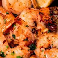 Gambas al Ajillo · Gluten-free. Garlic shrimp, raspberry vinegar, olive oil.