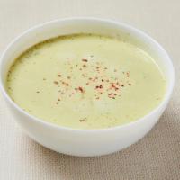 Vegan Broccoli Soup · Blended broccoli and onion with coconut cream. Served with pita bread. Vegan. Gluten-free (n...