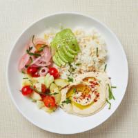 Vegan Hummus Rice Bowl · Homemade creamy hummus, jasmine rice with gluten free orzo, grape tomato, cucumber, parsley,...