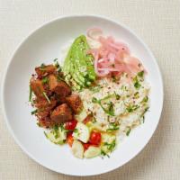 Vegan Beyond Rice Bowl · Beyond (plant-based) meatballs, jasmine rice with gluten free orzo, grape tomato, cucumber, ...