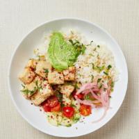 Vegan Tofu Rice Bowl · Gluten-free soy sauce and sesame oil baked tofu, jasmine rice with gluten free orzo, grape t...