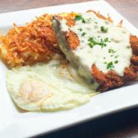 Chicken Fried Steak & Eggs · Flat iron steak pounded and battered then deep fried fried, 2 eggs any style, choice of toast.