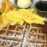  Waffle Combo · Belgian Waffle with 2 eggs and choice of ham, bacon or sausage