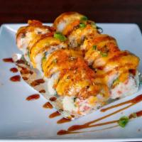 Lion King (Baked) · California roll topped with salmon, spicy mayo, unagi sauce, tobiko, and green onion.