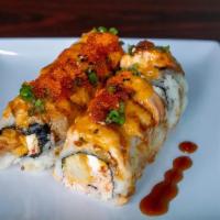 Samurai (Baked) · Spicy crab, shrimp tempura, and cream cheese, topped with salmon, spicy mayo, unagi sauce, t...