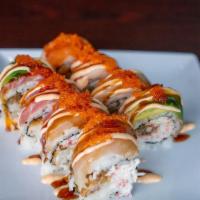 2021 Roll · Raw. Soft-shell crab, crab, topped with assortment of fish, unagi sauce, spicy mayo, and tob...
