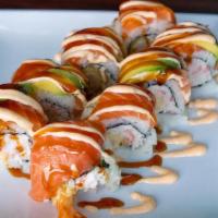 Orange Blossom Roll · Raw. Shrimp tempura and crab, topped with salmon, avocado, unagi sauce, and spicy mayo.