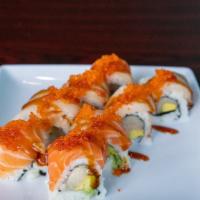 Hamachi Lover Roll · Raw. Hamachi and avocado, topped with salmon, hamachi, tobiko, and unagi sauce.