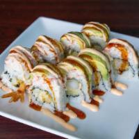 Shrimp Lover Roll · Shrimp, cucumber, topped with crab avocado, unagi sauce, and spicy mayo.