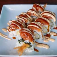 Red Dragon Roll · Raw. Shrimp tempura and crab, topped with spicy tuna, unagi sauce, and spicy mayo.