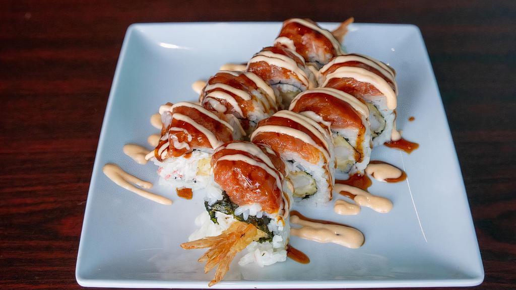 Red Dragon Roll · Raw. Shrimp tempura and crab, topped with spicy tuna, unagi sauce, and spicy mayo.