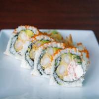 Santa Clara Roll (6) · Raw. Shrimp tempura, crab, cream cheese, cucumber, avocado, and tobiko.