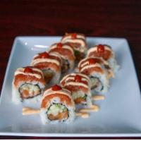 SCU Roll · Raw. Salmon and cucumber, topped spicy tuna, sriracha sauce, spicy mayo, and green onion.