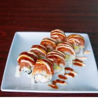Rose Roll · Raw. Crab and avocado, topped with spicy tuna, unagi sauce and spicy mayo.
