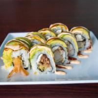 Akita Roll · Shrimp tempura, unagi,  ebi and  cream cheese, topped with avocado, unagi sauce, spicy mayo.