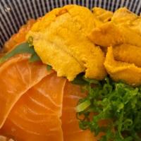 Sake Uni Don · marinated salmon and uni over rice.
Comes w/Miso Soup