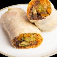 Veggie Breakfast Burrito · Large flour tortilla filled with scrambled eggs, mushrooms, onions, spinach, bell peppers, t...