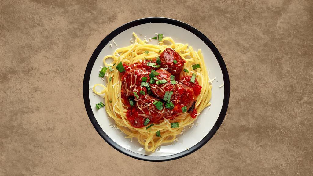 Spaghetti Meatball Classico  · Fresh made ground mince Italian meatballs with spaghetti in marinara sauce