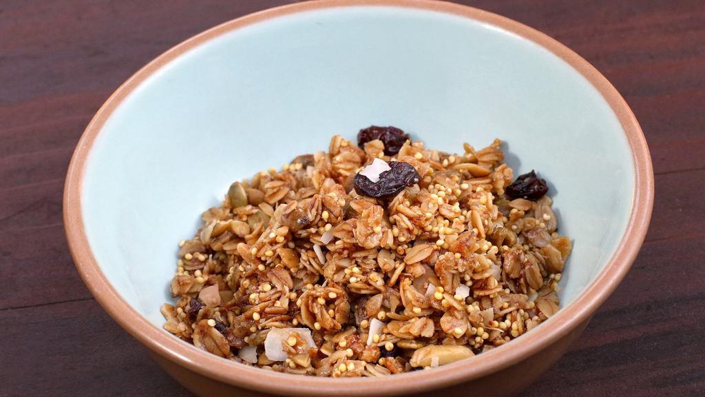 Sara’s Granola · Sara’s granola is handmade daily in small batches using fresh ingredients: Giusto's milled oats, millet, pumpkin seeds, almonds, coconut oil, sugar, organic brown rice syrup, salt, dry cherries and golden raisins. The granola is wheat-free.