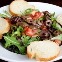 Insalata Mista Salad · Vegetarian. Mixed greens, tomatoes, olives, and balsamic vinegar. Served with bread.
