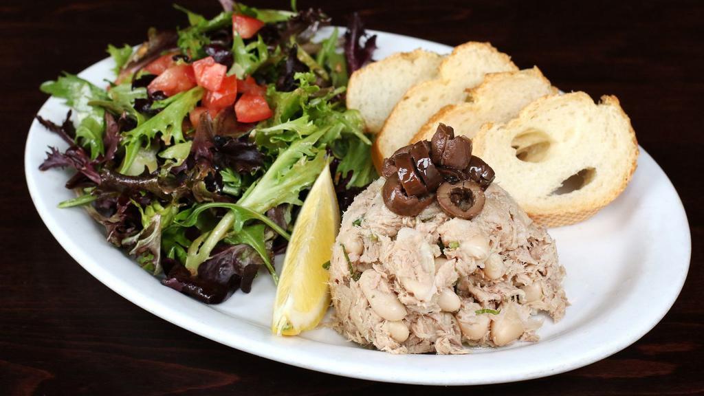 Tuna Salad · Tuna, white beans, green onions, basil, extra virgin olive oil, and balsamic vinegar. Served with bread.