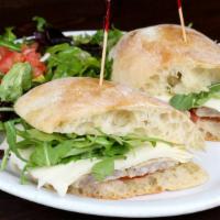 Salsiccia Sandwich · Grilled Italian sausage, tomatoes, and mozzarella. Served with mix green and arugula.