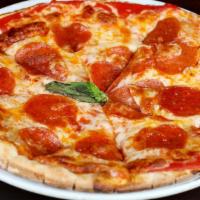 Pepperoni Pizza · Tomato sauce, mozzarella, pepperoni, and basil.