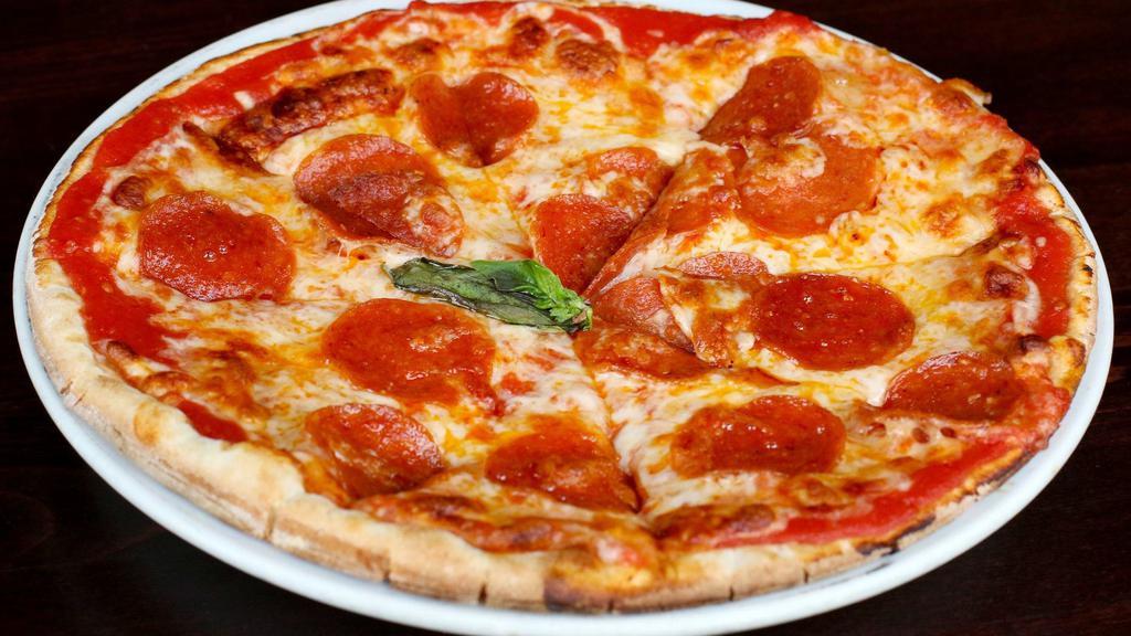 Pepperoni Pizza · Tomato sauce, mozzarella, pepperoni, and basil.