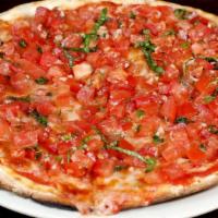 Bruschetta Pizza · Vegetarian. Chopped tomatoes, garlic, mozzarella, tomato sauce, and basil.