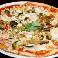 Vegetariana Pizza · Vegetarian. Tomato sauce, mozzarella, zucchini, eggplant, mushrooms, and gorgonzola cheese.