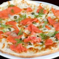 Salmon Pizza · Smoked salmon with capers and dill.
