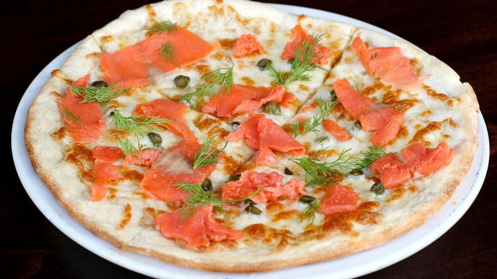 Salmon Pizza · Smoked salmon with capers and dill.