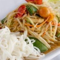 16. Papaya Salad - Thai or Laos Style · Thai style comes with mixed papaya, carrots, chili peppers, long beans, cherry tomatoes, pea...