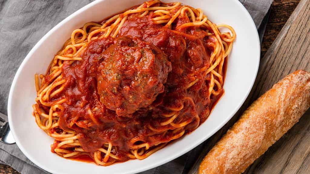 Spaghetti & Meatball · Everyone loves this classic, especially when it comes with a giant, delicious meatball. Choose marinara or meat sauce. Includes one breadstick.