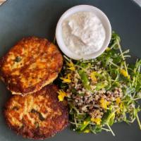 TROUT AND COD FISHCAKE PLATE · Crispy fish cakes made from sustainable, local fish.. Served with a hearty grain and vegetab...