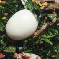 KALE AND MUSHROOM BOWL · A hearty salad of mixed kale, exotic mushrooms and kamut in a walnut vinaigrette. A soft boi...