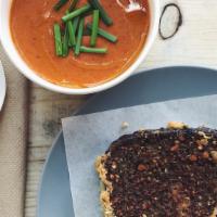 SOUP AND SANDWICH · Grilled cheese sandwich with Havarti on sprouted rye bread with a cup of organic spiced toma...