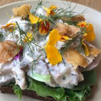 SMOKED CHICKEN SALAD OPEN-FACED SANDWICH · Danish sprouted rye bread with smoked chicken salad
