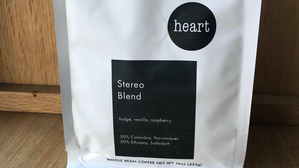 STEREO BLEND COFFEE BEANS · From Heart Roasters in Portland, Oregon. 16oz bag.
50% Colombia, Yacuanquer
50% Ethiopia, Abana Sulladjah
Flavor notes: fudge, vanilla, raspberry.