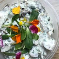 SMOKED CHICKEN SALAD (gf) · Made with house-smoked chicken, mushrooms, celery, creme fraiche and herbs. 8oz
