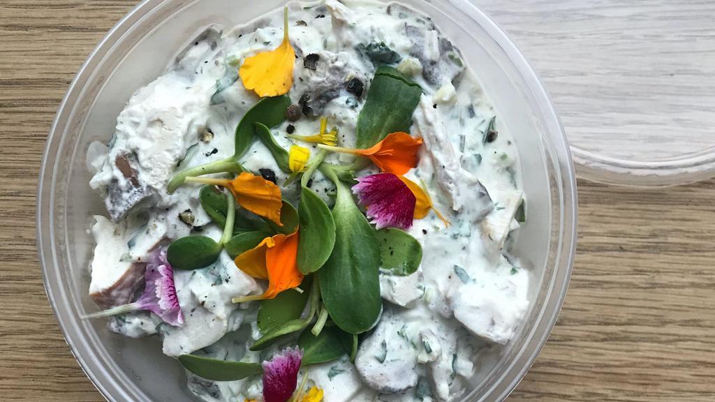 SMOKED CHICKEN SALAD (gf) · Made with house-smoked chicken, mushrooms, celery, creme fraiche and herbs. 8oz