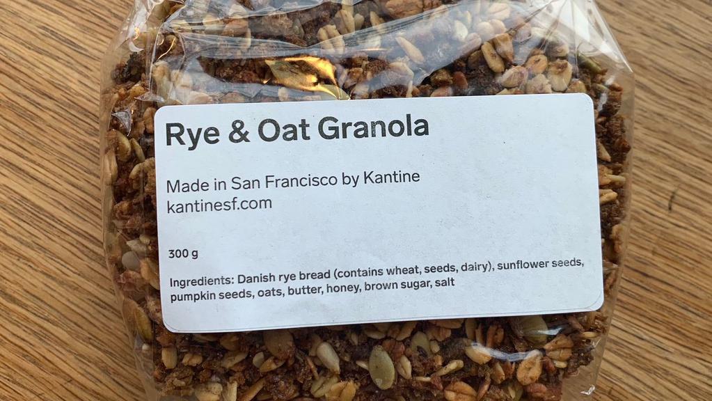 RYE & OAT GRANOLA · Perfect for topping yogurt or ice cream. Old fashioned oats, crumbled Danish rye bread, sunflower seeds, pumpkin seeds, butter, honey, brown sugar, salt.