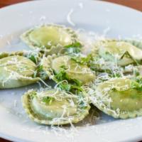 Ravioli · 7 pieces. Choose one with your choice of sauce. Spinach and artichoke. Served with Creamy Pe...