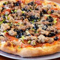 Dooper Sooper Pizza · Cheese, tomato sauce, pepperoni, salami, green onions, mushrooms, beef, black olives, sausage.