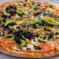 The Vegetarian Pizza · Cheese, tomato sauce, mushrooms, tomatoes, bell peppers, black olives.