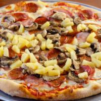 The California Pizza · Cheese, tomato sauce, canadian bacon, mushrooms, linguica, green onions and pineapple.