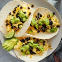 Rooster (Vegetarian) · Scrambled eggs, black beans, fresh avocado, shredded jack and cheddar cheese on a flour tort...