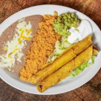 Flautas Dinner · Two rolled and deep-fried tortillas with chicken.