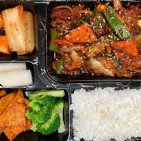 Spicy Pork Bento Box · Spicy Pork Sauteed & Vegetables with Korean Spicy Sauce.